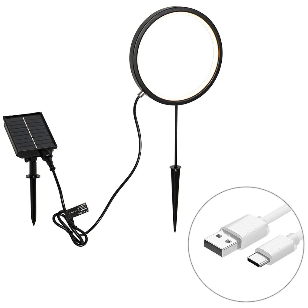 Lampă cu vârf negru 50 cm incluzând LED reîncărcabil și solar IP65 - Adalind