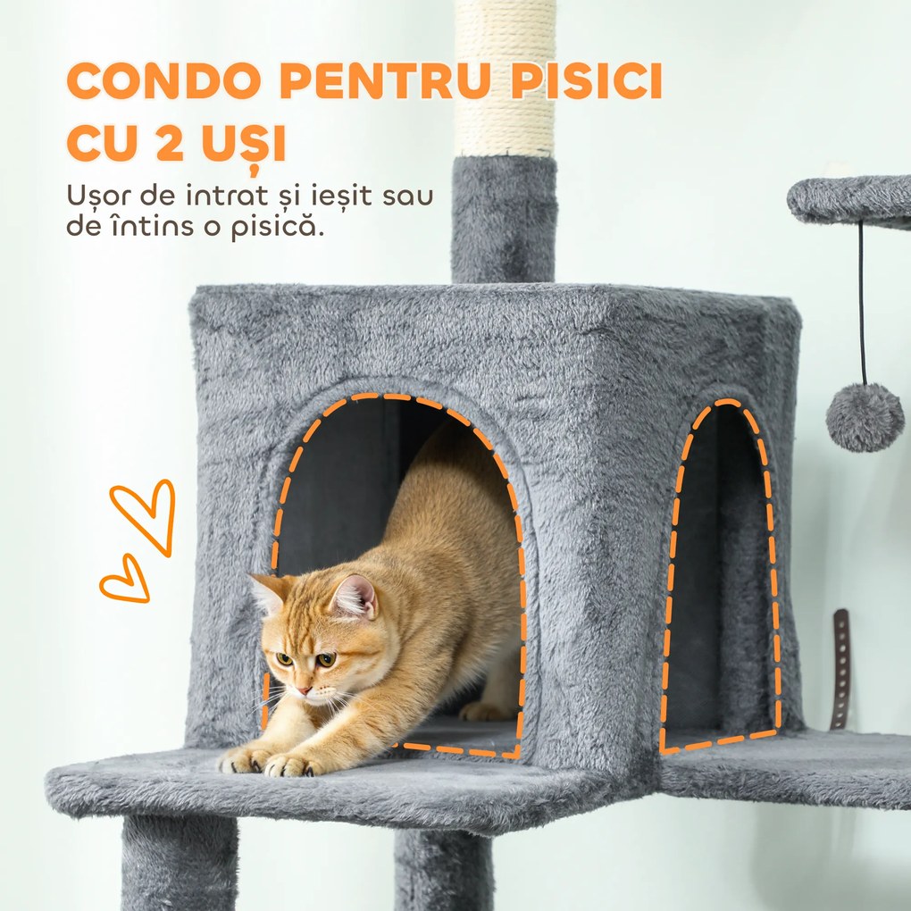 PawHut Arbore pentru pisici cu sisal, 202 cm înălțime, cu 6 stâlpi din sisal, 2 căsuțe, 2 hamace și un pat, gri | Aosom Romania