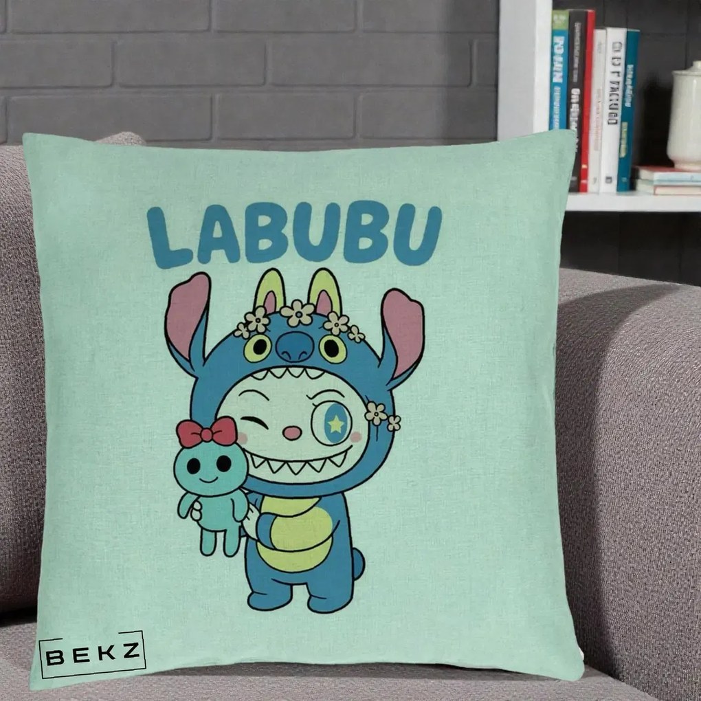 Perna Personalizata Labubu x Stitch cu Flori, 40x40 cm, Verde Menta, Husa Detasabila, Perna Inclusa, BEKZ®
