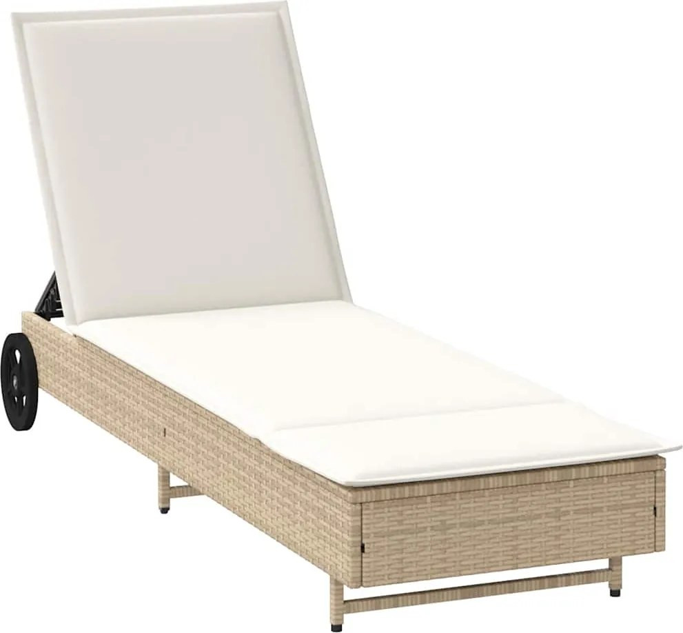 vidaXL Șezlong cu roți și pernă, bej, poliratan