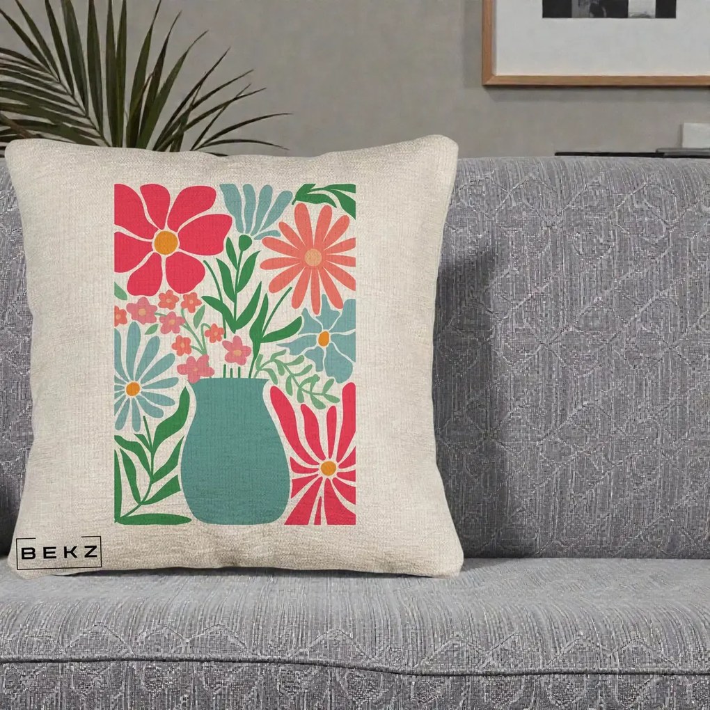 Perna Decorativa Flori in Vaza Turcoaz, 40x40 cm, Bej Canapea, Husa Detasabila, Perna Inclusa, BEKZ®