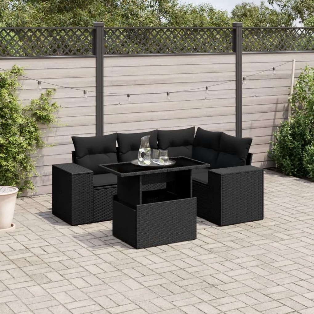 3269135 vidaXL Set mobilier de grădină cu perne, 5 piese, negru, poliratan