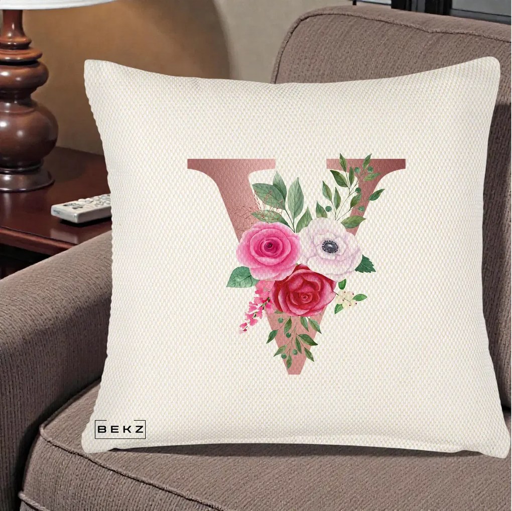 Cadou Personalizat - Perna Personalizata Monograma Rose Gold Litera V, 40x40 cm, Crem Reliefat, Husa Detasabila, Perna Inclusa, BEKZ®