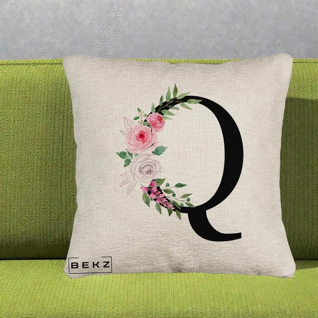 Cadou Personalizat - Perna Personalizata Monograma Florala Litera Q, 40x40 cm, Bej Canapea, Husa Detasabila, Perna Inclusa, BEKZ®