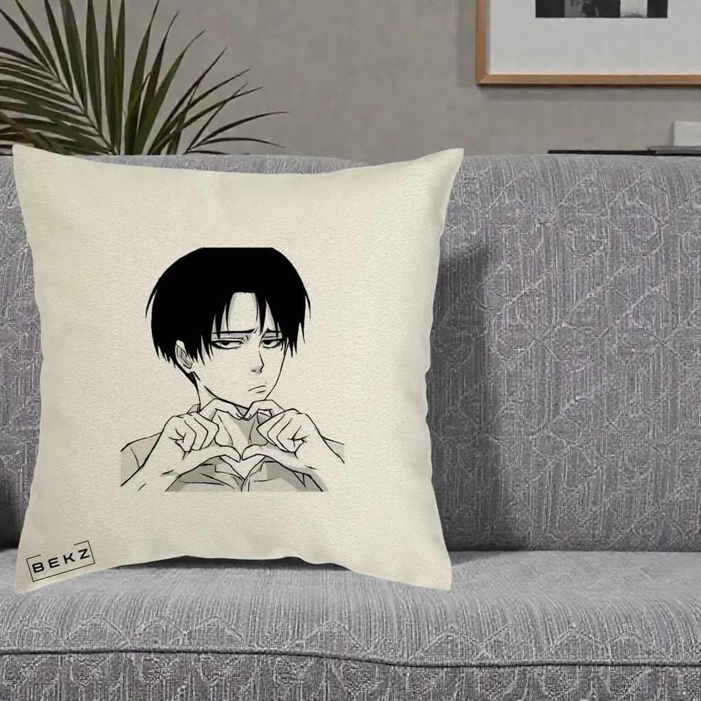 Perna Personalizata Levi Ackerman Inima, 40x40 cm, Ecru, Husa Detasabila, Perna Inclusa, BEKZ®