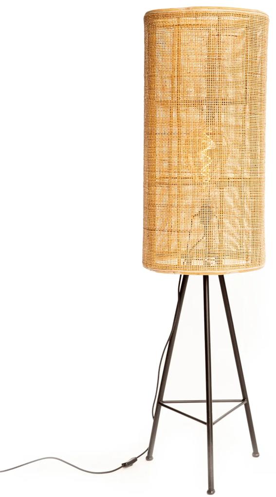 Lampa de podea din ratan tesut fin si metal, natural, diametru 40 cm, inaltime totala 150 cm