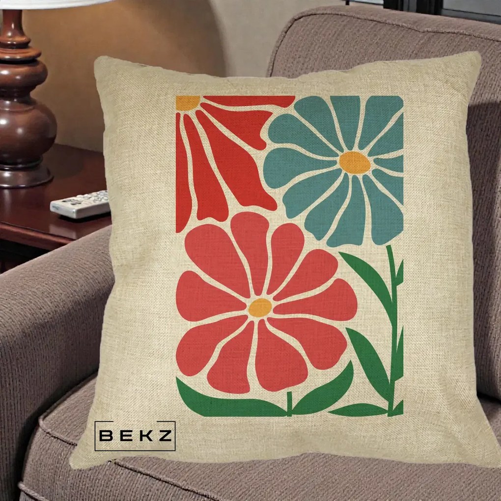 Perna Decorativa Flori Grafice Rosu-Albastru, 40x40 cm, Crem, Husa Detasabila, Perna Inclusa, BEKZ®