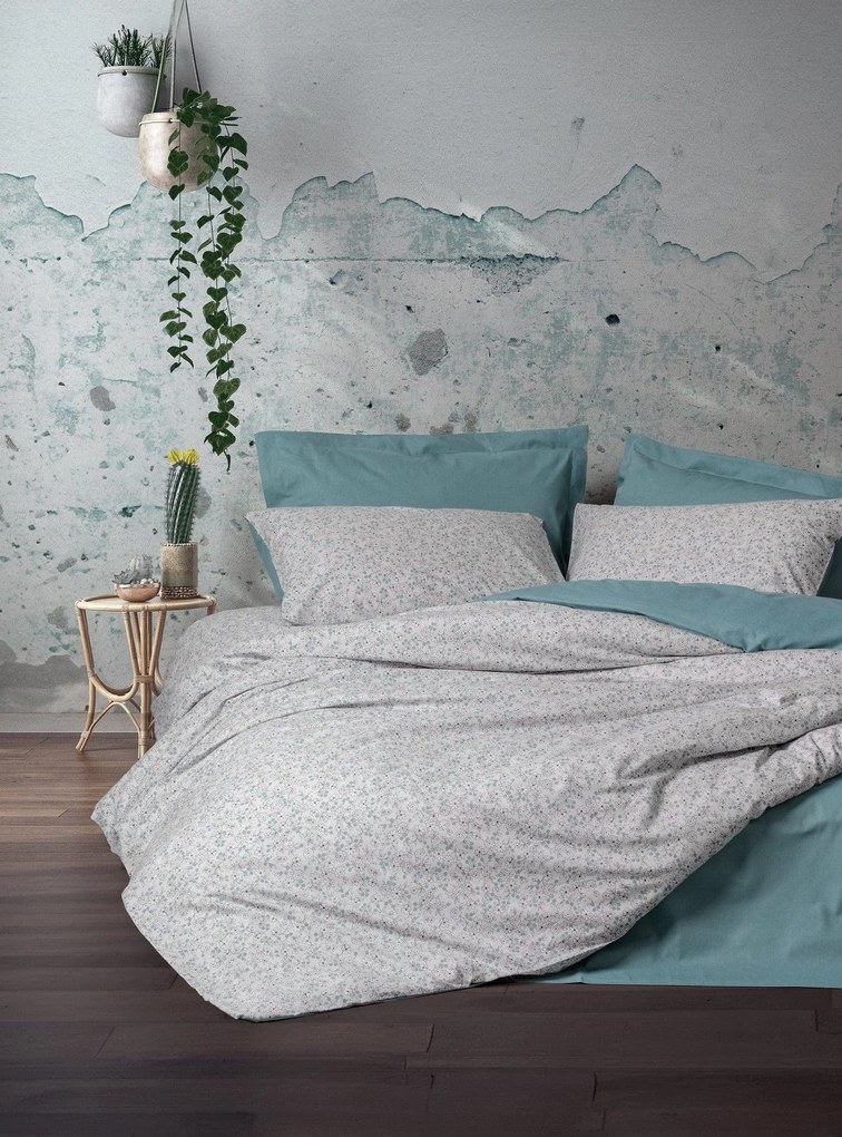 Set lenjerie pat dublu JUNE, bumbac, gri/turcoaz, 160x200 cm, cu cearc