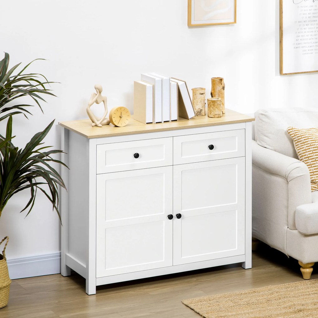 HOMCOM Comodă mobilier de depozitare cu 2 uși și raft reglabil în înălțime 2 sertare 100 x 40 x 85 cm alb și aspect lemn | Aosom Romania