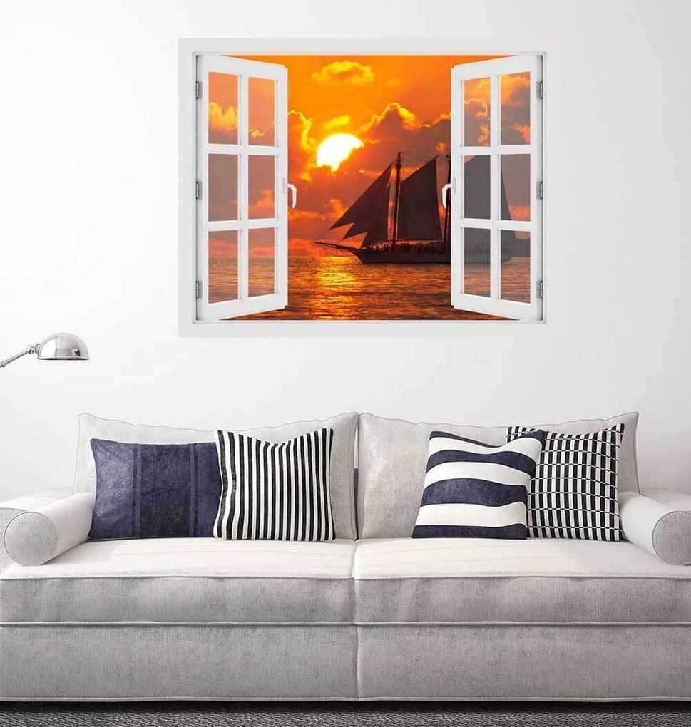 Fereastra cu efect 3D - Sunset boat sailing - 119x93 cm