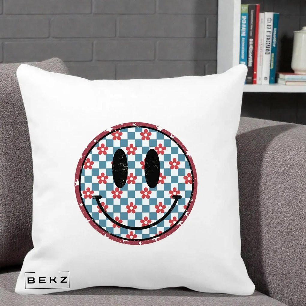 Perna Decorativa Smiley Face Checkered cu Floricele, 40x40 cm, Alba Mata, Husa Detasabila, Perna Inclusa, BEKZ®