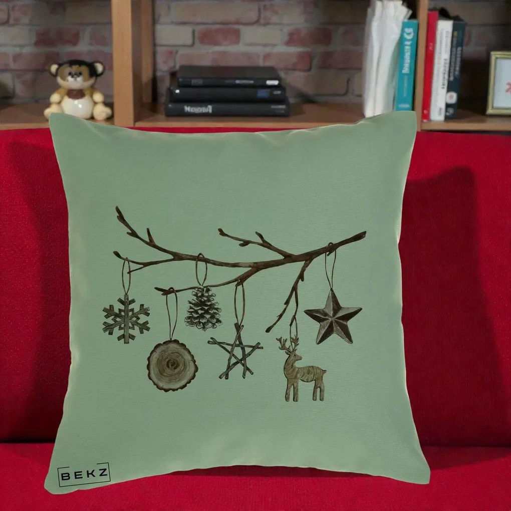 Perna Decorativa Ornamente de Lemn pe Ramura, 40x40 cm, Verde, Husa Detasabila, Perna Inclusa, BEKZ®