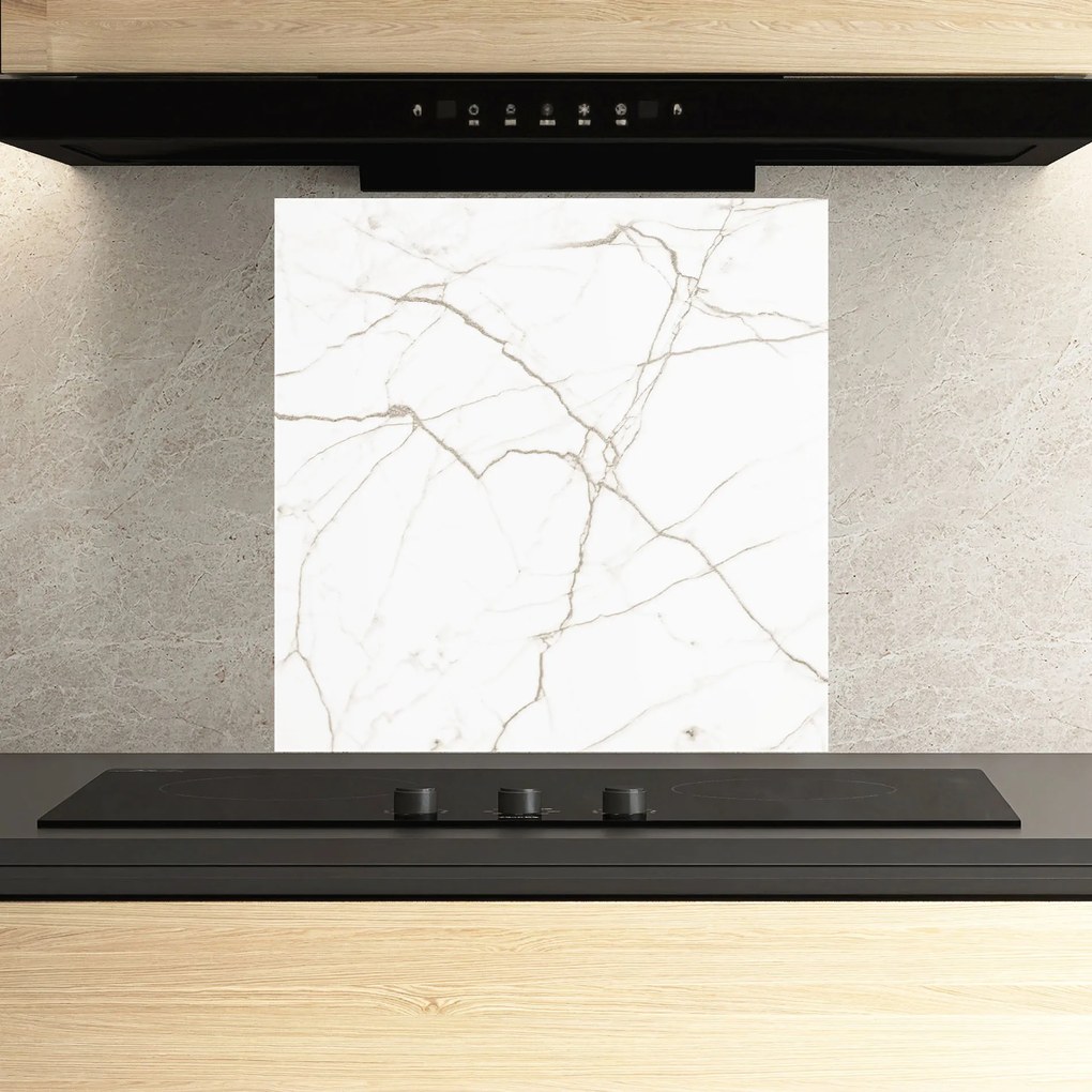 Panou Sticla Bucatarie, 100x100cm, Protectie aragaz, Antistropi, Termorezistent, Abstracte, Marble, White Brown Lines Marble