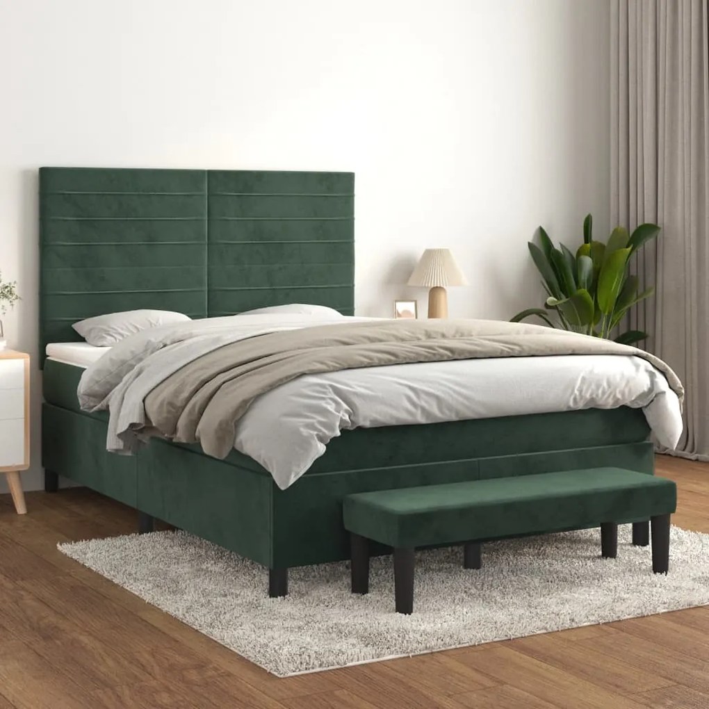 3137908 vidaXL Pat box spring cu saltea, verde închis, 140x200 cm, catifea