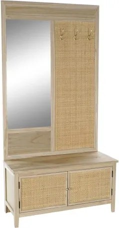 Cuier de hol din lemn de paulownia și rattan cu oglindă și banchetă cu depozitare, 92×40×181 cm, „Perchero"