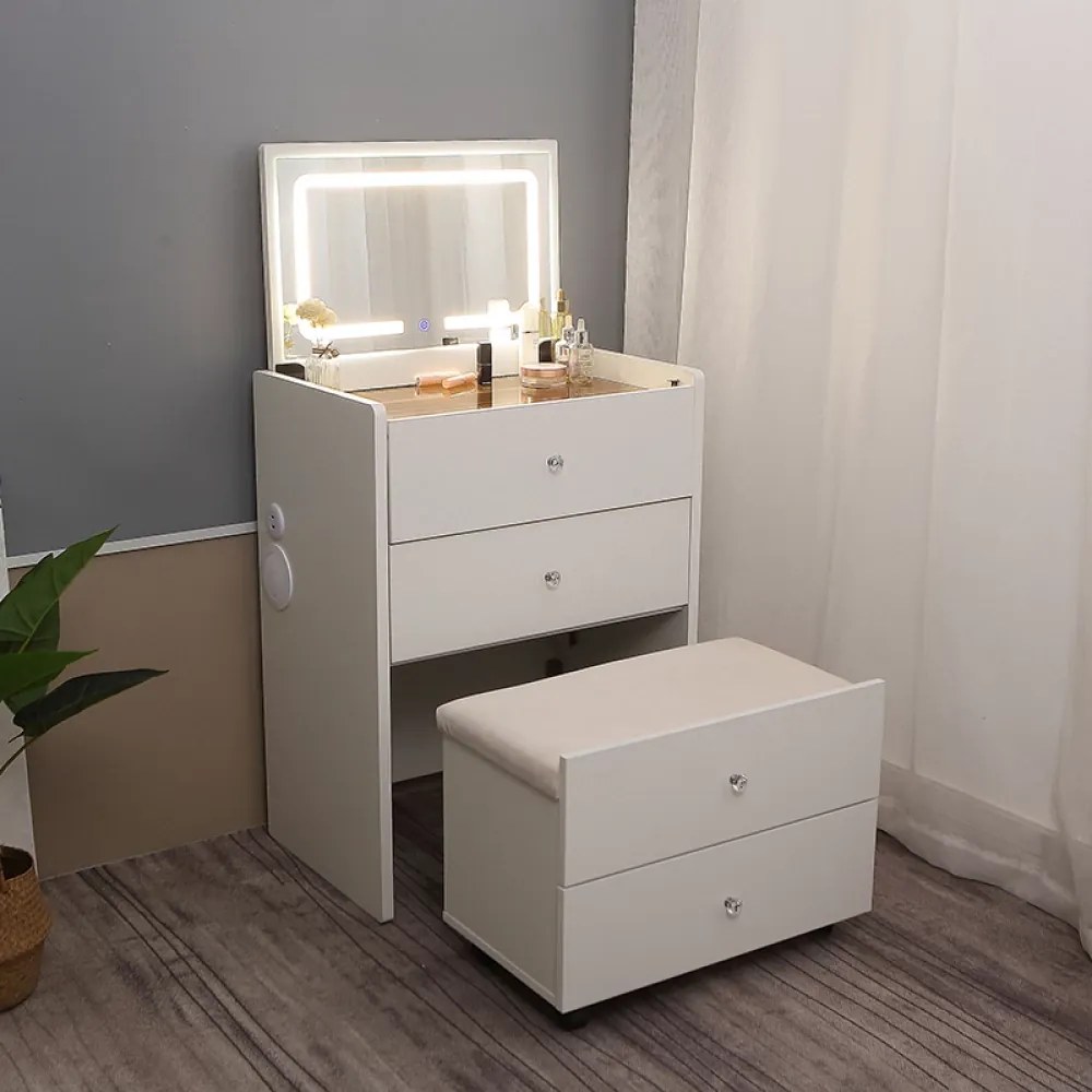 Set CLARICE SMART, Masă de toaletă pentru machiaj cu oglindă rabatabilă, iluminată LED, control touch, trei tipuri culoare, incarcare USB, Bluetooth, Boxa, 3 sertare, comodă, taburet, Alb
