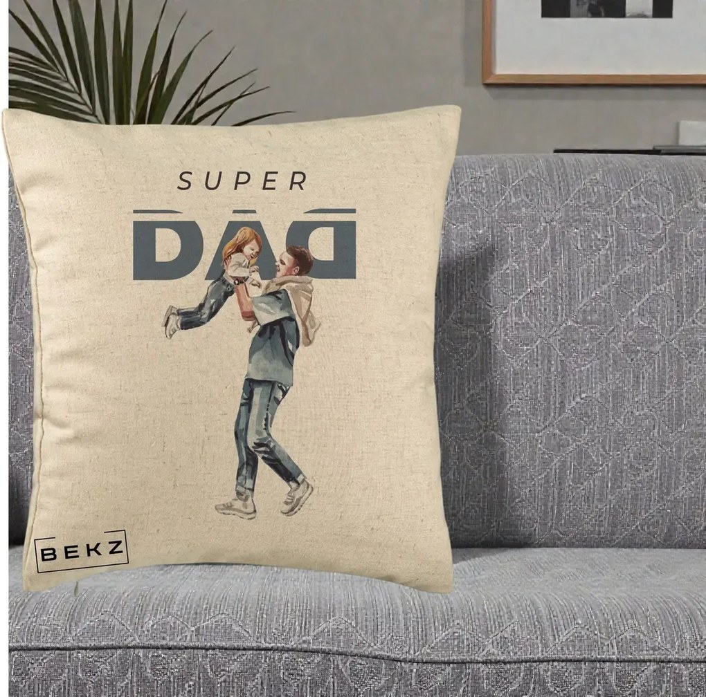 Cadou pentru Tata - Perna Personalizata Super DAD Tata si Fiica, 40x40 cm, Bej, Husa Detasabila, Perna Inclusa, BEKZ®