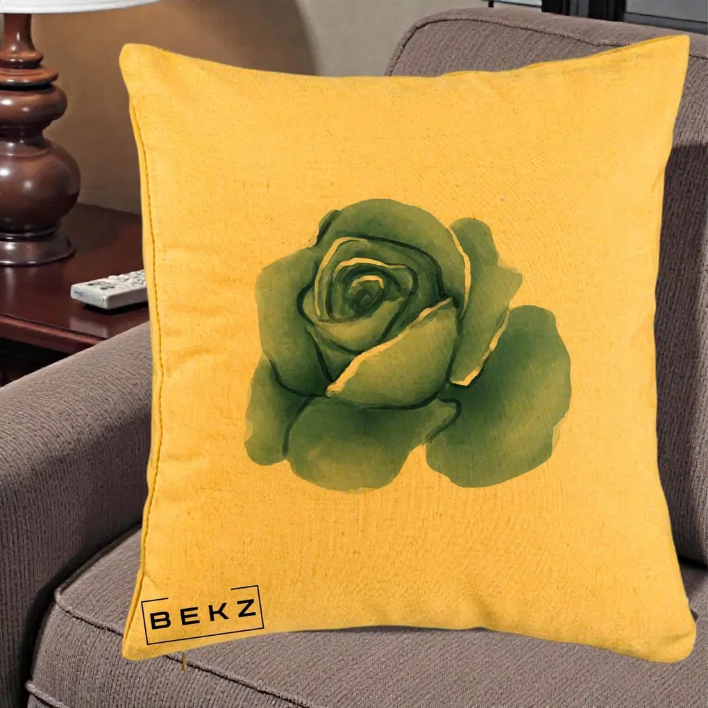 Perna Decorativa Trandafir Albastru Acuarela, 40x40 cm, Galben, Husa Detasabila, Perna Inclusa, BEKZ®