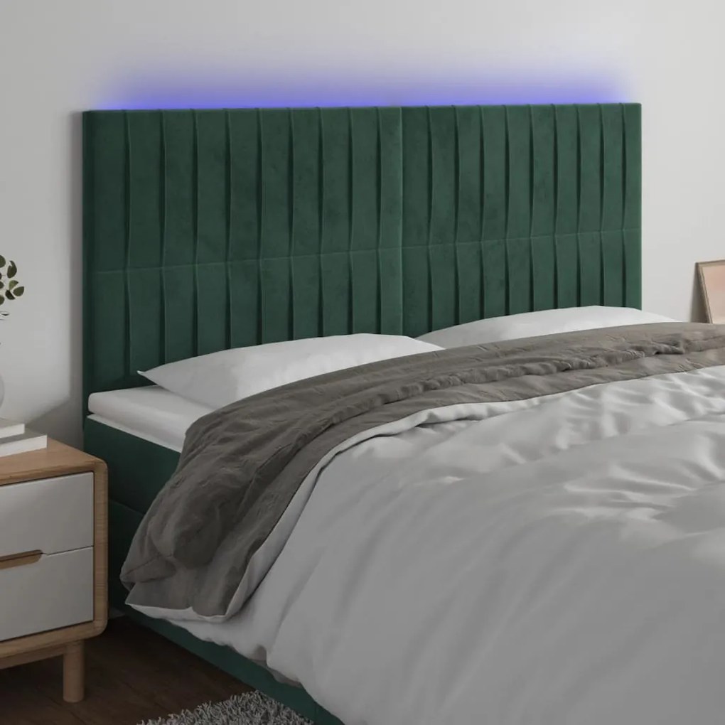 3122719 vidaXL Tăblie de pat cu LED, verde închis, 160x5x118/128 cm, catifea