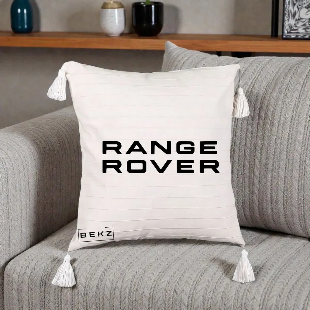 Perna Personalizata cu emblema Range Rover, 40x40 cm, Bej cu Franjuri, Husa Detasabila, Perna Inclusa, BEKZ®