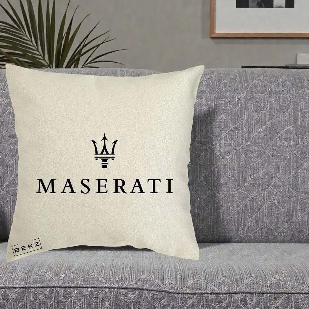 Perna Personalizata cu emblema Maserati, 40x40 cm, Ecru, Husa Detasabila, Perna Inclusa, BEKZ®