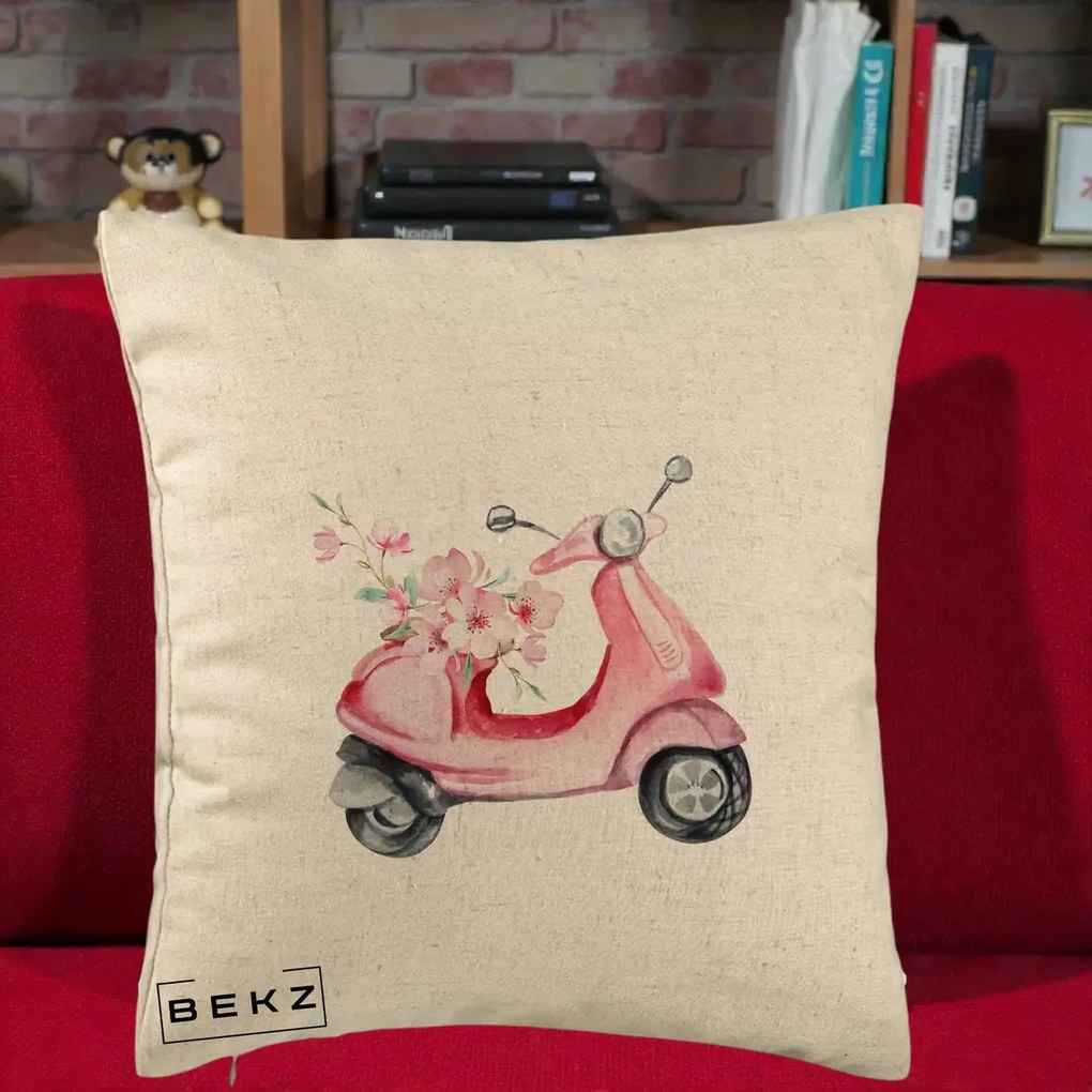 Perna Decorativa Scuter Roz cu Flori Acuarela, 40x40 cm, Bej, Husa Detasabila, Perna Inclusa, BEKZ®