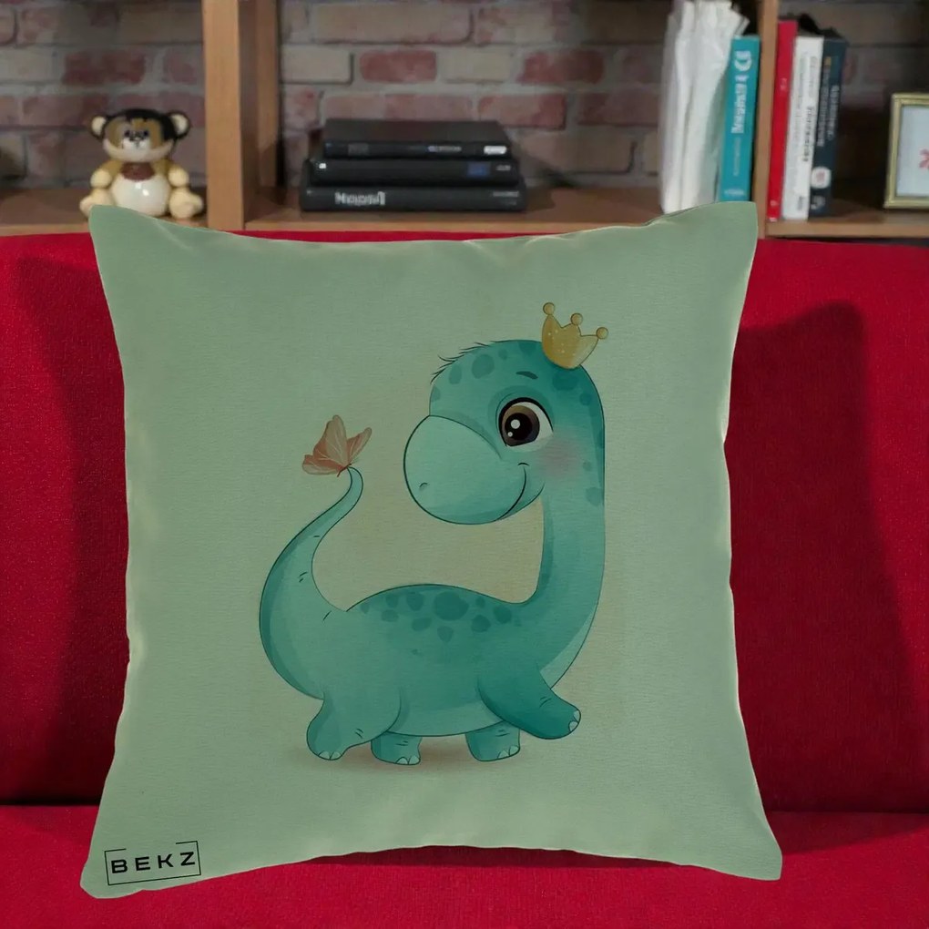 Perna Personalizata Dinozaur Bland Coroana Kawaii, 40x40 cm, Verde, Husa Detasabila, Perna Inclusa, BEKZ®