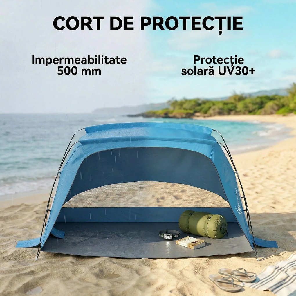 Outsunny Cort Plajă UV30+, 2-3 Persoane, Saci de Nisip, Montare Ușoară, Albastru. | Aosom Romania