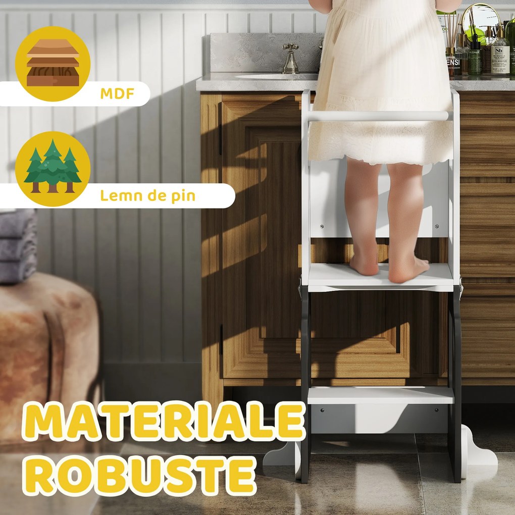 AIYAPLAY Scara Montessori 4 în 1 pentru Copii cu 2 Table și Set Masă și Scaun, din Lemn, 58x46x92 cm, Alb | Aosom Romania