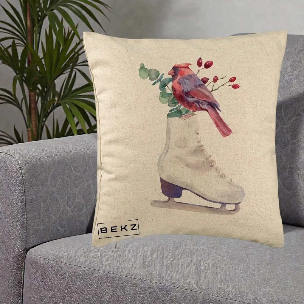 Perna Decorativa Cardinal Rosu pe Patina de Gheata, 40x40 cm, Bej, Husa Detasabila, Perna Inclusa, BEKZ®