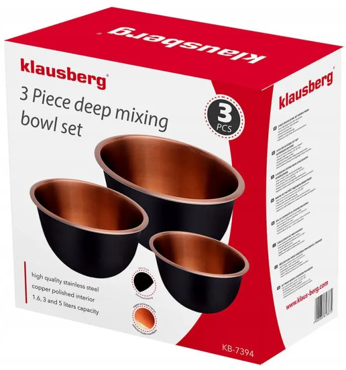 Set 3 boluri din inox pentru mixare Klasuberg KB 7394, 5/3/1.6 L, Negru/Cupru