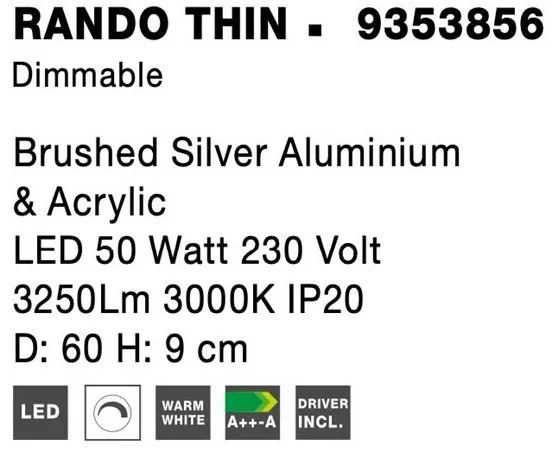 Plafoniera LED 3000K moderna 60cm RANDO THIN argintiu NVL-9353856