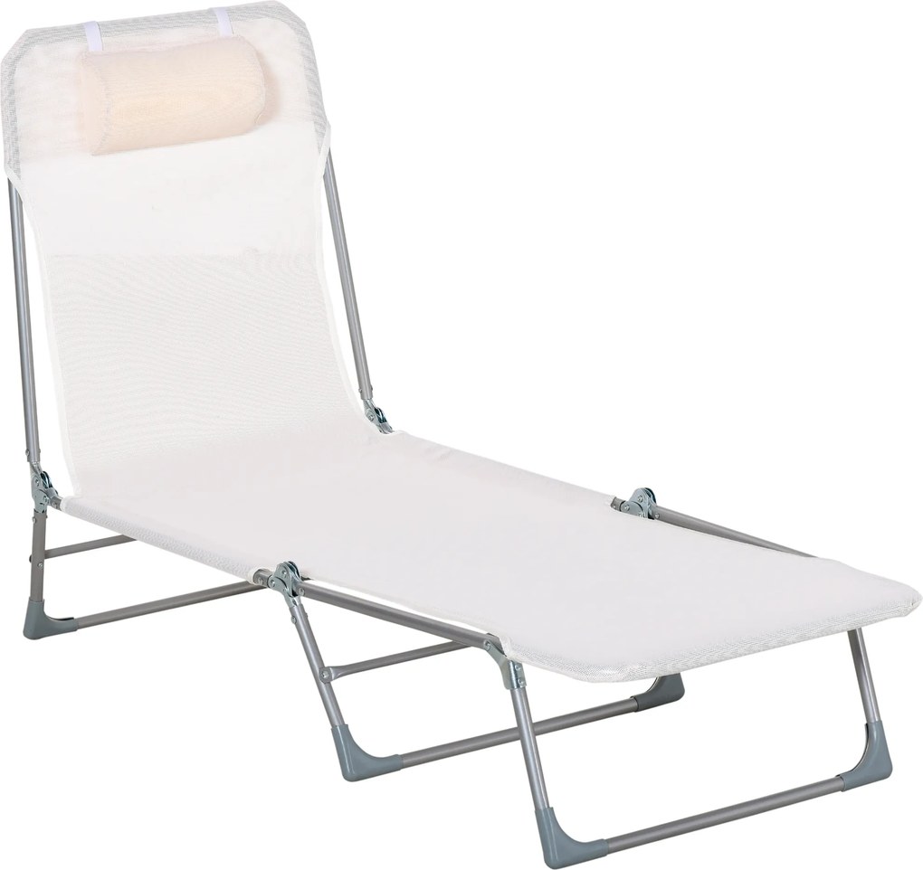 Outsunny Șezlong Pliabil cu Spătar Reglabil pe 5 Nivele și Pernă, Șezlong de Grădină cu Material Texteline, pentru Plajă, Piscină, Grădină, 182x56x28 cm, Crem | Aosom Romania