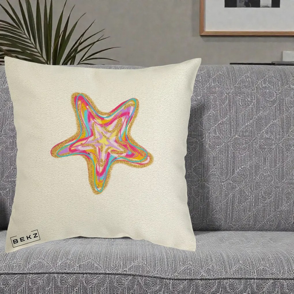 Perna Decorativa Stea de Mare Neon Curcubeu, 40x40 cm, Ecru, Husa Detasabila, Perna Inclusa, BEKZ®