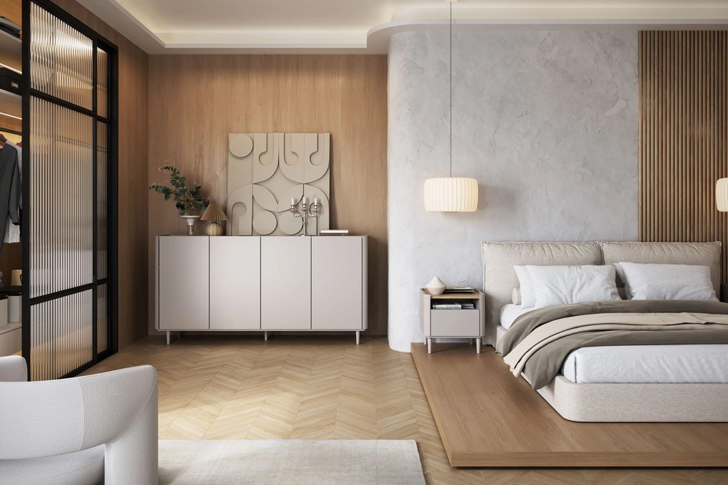 Comodă cu patru uși pe picioare Elivo 200 cm - cașmir / stejar uleiat