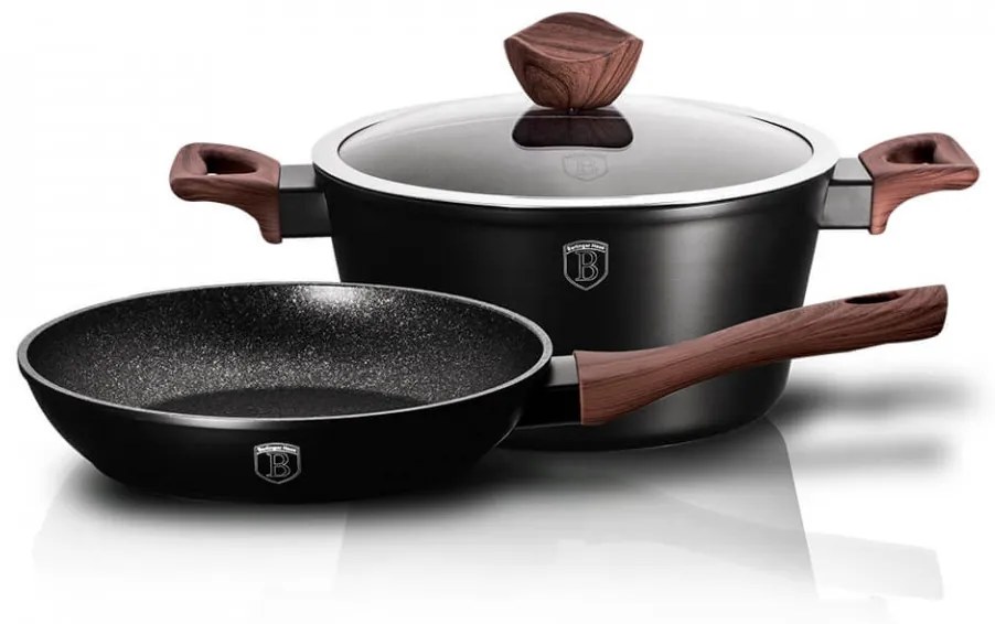 Set oala cu capac si tigaie marmorate (3 piese) din aluminiu forjat Ebony Rosewood Collection Berlinger Haus BH 1728