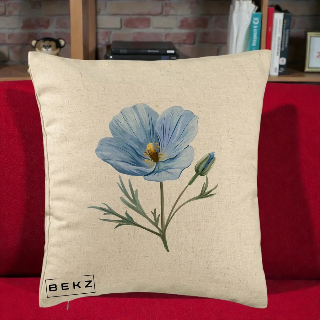 Perna Decorativa Mac Albastru Acuarela, 40x40 cm, Bej, Husa Detasabila, Perna Inclusa, BEKZ®