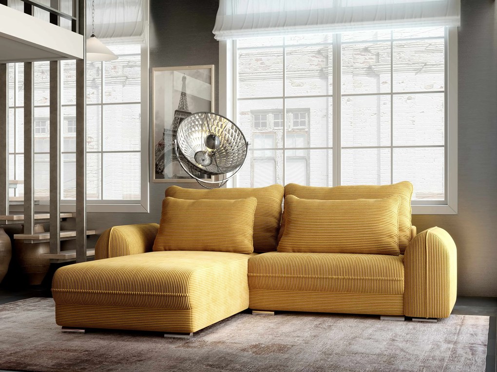 Colțar extensibil dumonde cu ladă de depozitare si sezut confortabil din spuma high-density, Denver Zoom Mustar 275x185 cm