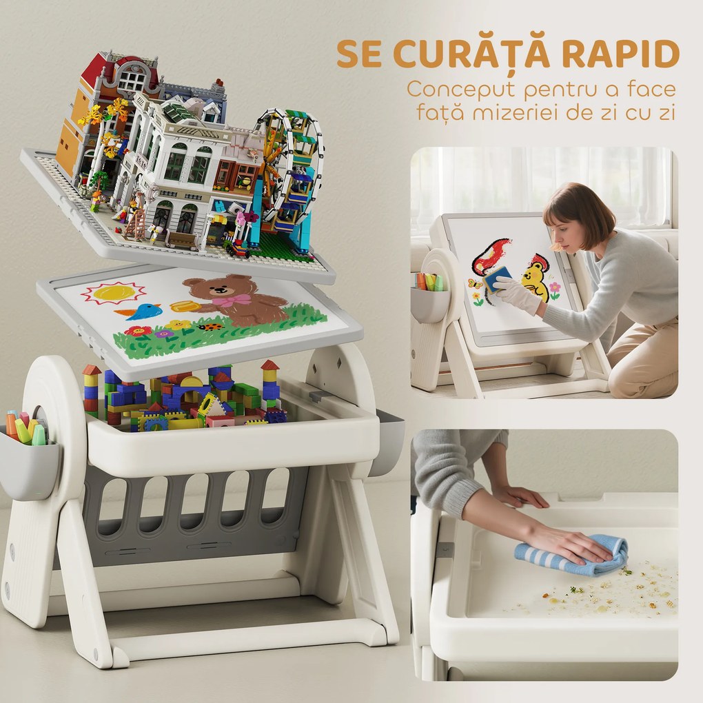 AIYAPLAY Set Masă și Scaun pentru Copii 3 în 1 cu Masă de Construcție, Tablă, Suport Convertibil și Containere, Masă Multiactivitate cu Scaun de Plastic pentru Copii 2-4 Ani pentru Cameră Copii | Aosom Romania