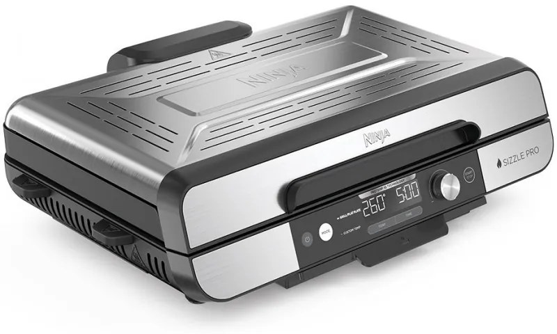 Grătar electric Ninja Sizzle Pro XL GX101EU, 1800W, 120°-260°C, 2 pliante ceramice, 10 burgeri, ProTemp IQ, Capac de schimb, Ceren/Inox
