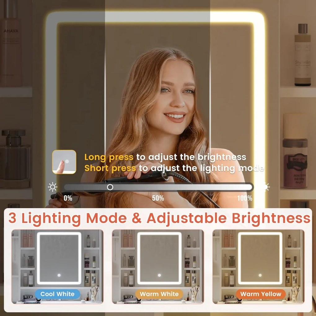 SEA474 - Set Masa toaleta, 98 cm, cosmetica machiaj, oglinda cu LED, masuta vanity cu 2 Porturi USB, si 2 Prize - Alb-Auriu