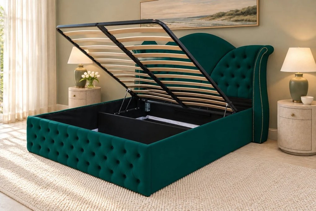 Pat tapițat Chesterfield din catifea Velora 160×200 cm, verde, cu ladă de depozitare