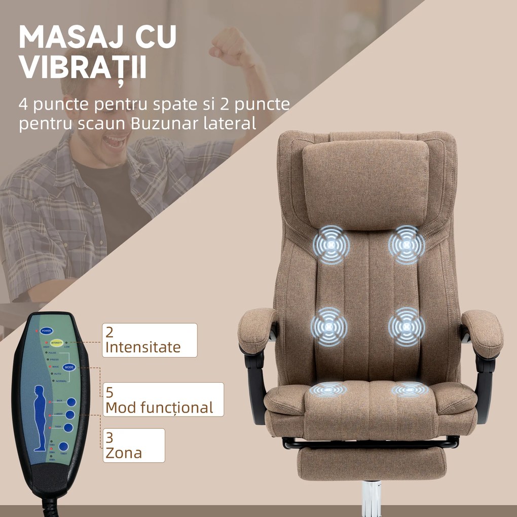 Vinsetto Scaun Rabatabil pentru Birou cu 6 Puncte și 5 Moduri de Masaj, Tetieră și Telecomandă, 65x61x105-113 cm, Maro | Aosom Romania