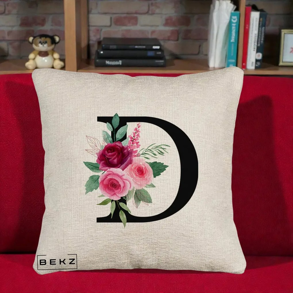 Cadou Personalizat - Perna Personalizata Monograma Florala Litera D, 40x40 cm, Bej Canapea, Husa Detasabila, Perna Inclusa, BEKZ®