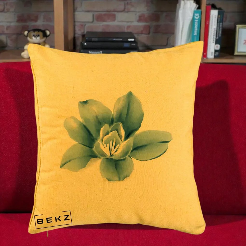 Perna Decorativa Magnolie Albastra Acuarela, 40x40 cm, Galben, Husa Detasabila, Perna Inclusa, BEKZ®