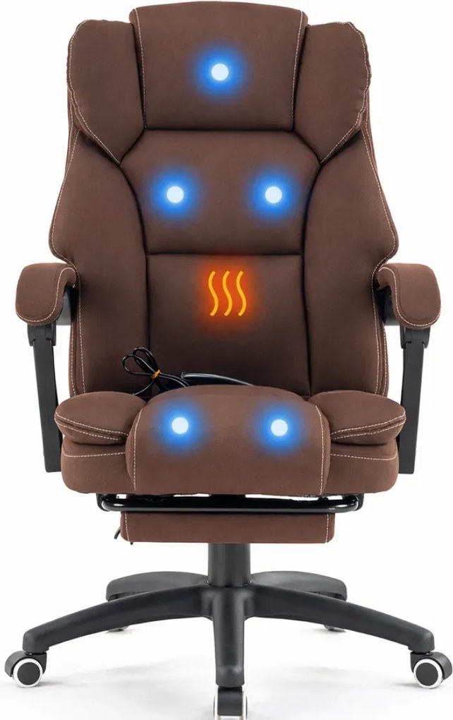 Scaun directorial, Masaj si Incalzire in 7 puncte, spatar rabatabil, suport pentru picioare, material textil premium, Maro inchis