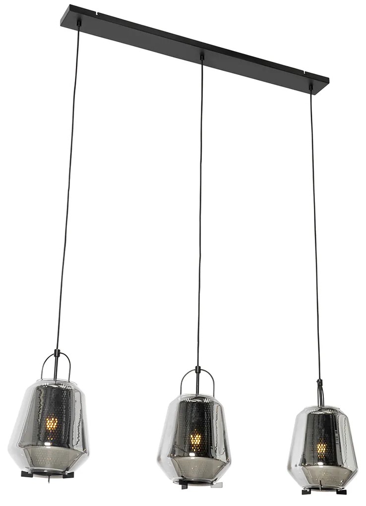 Lampă suspendată neagră cu sticlă fumurie 23 cm ovală cu 3 lumini - Kevin