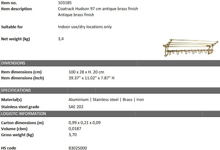 Suport haine design LUX Hudson L, alama antica 103185 HZ