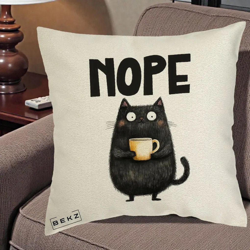 Perna Decorativa NOPE Pisica Neagra Cafea, 40x40 cm, Ecru, Husa Detasabila, Perna Inclusa, BEKZ®