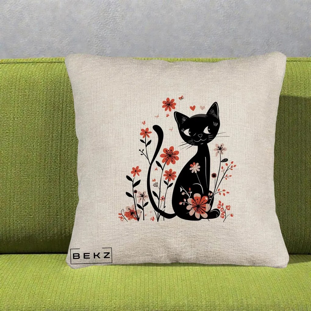 Perna Decorativa Pisica Neagra Flori Roz si Inimi, 40x40 cm, Bej Canapea, Husa Detasabila, Perna Inclusa, BEKZ®